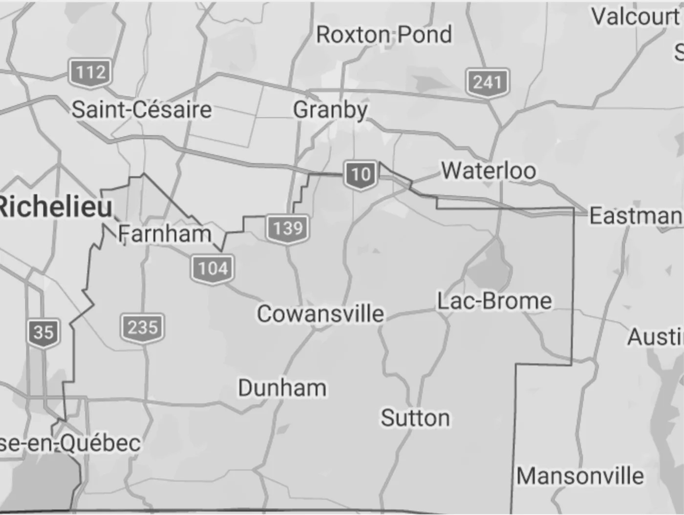 Carte du territoire desservi par Squad : Granby, Bromont, Cowansville, Lac-Brome, Sutton et environs